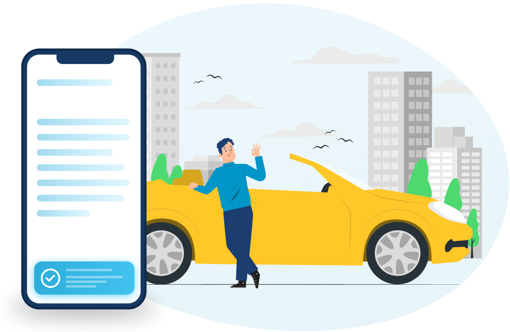 Mark Sign eSignature solution is being used to make car rental and buying processes easier and faster. The image shows a satisfied person by a yellow car, who comfortably got his car leasing/buying paperwork finalized using a smartphone.