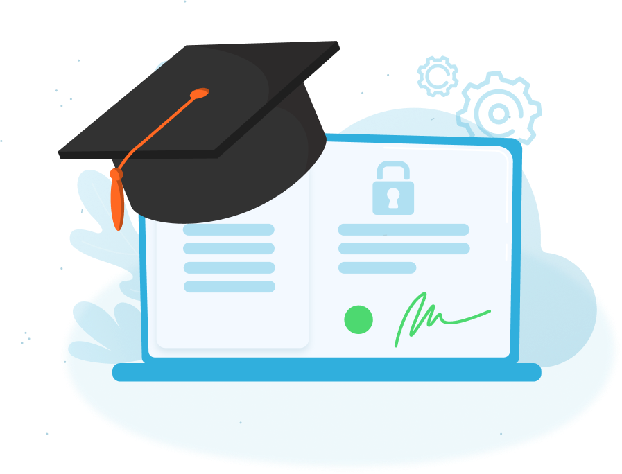 An illustration featuring a graduation cap placed over an open laptop screen. The laptop displays a digital certificate with a lock icon, signature, and text. Background elements include gears and leaves, symbolizing education and technology.