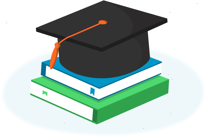 An illustration of a graduation cap resting on top of two stacked books, one blue and one green, placed on a light blue circular background. The image symbolizes education and academic achievement.